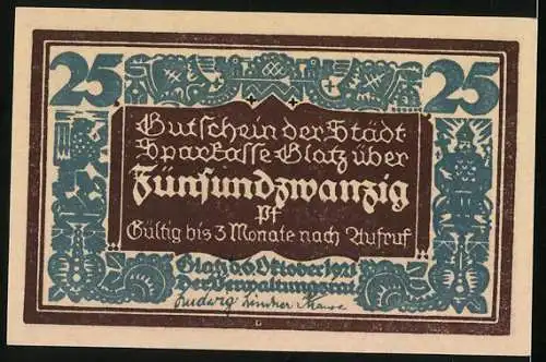 Notgeld Glatz 1921, 25 Pfennig, 100 Jahre Sparkasse