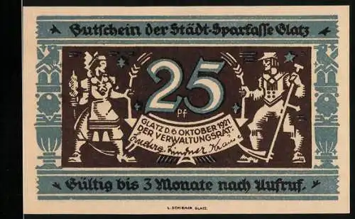 Notgeld Glatz 1921, 25 Pfennig, Bauer mit Sense
