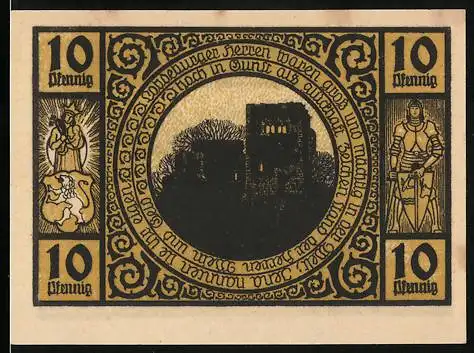 Notgeld Lobeda 1921, 10 Pfennig, Fleischer mit Würsten, Ruine