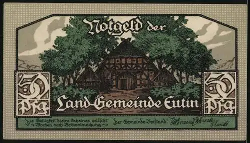 Notgeld Eutin, 50 Pfennig, Bauer mit Pflug, Bauernhaus