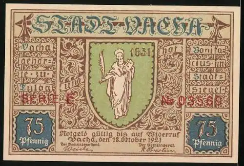 Notgeld Vacha 1921, 75 Pfennig, Klosterkirche der Marienknechte