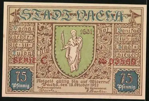 Notgeld Vacha 1921, 75 Pfennig, Werrabrücke, Wappen