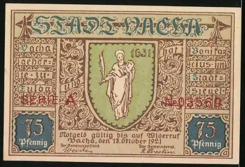 Notgeld Vacha 1921, 75 Pfennig, Merianisches Stadtbild um 1650