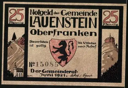 Notgeld Lauenstein /Oberfranken 1921, 25 Pfennig, Wappen, Kirche