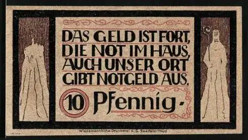 Notgeld Lauenstein /Oberfranken 1921, 10 Pfennig, Kirche, Wappen