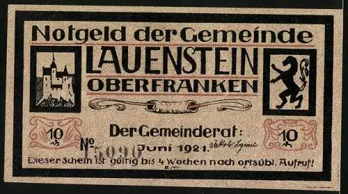 Notgeld Lauenstein /Oberfranken 1921, 10 Pfennig, Kirche, Wappen