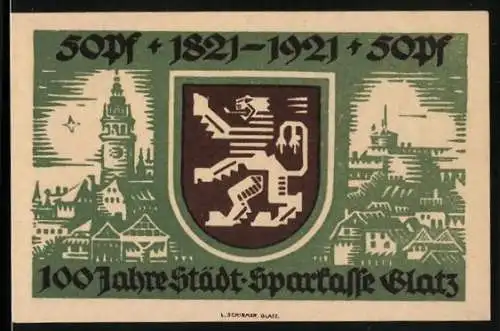 Notgeld Glatz 1921, 50 Pfennig, 100 Jahre Städt. Sparkasse