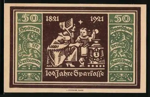 Notgeld Glatz 1921, 50 Pfennig, 100 Jahre Sparkasse