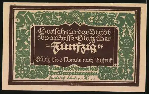 Notgeld Glatz 1921, 50 Pfennig, 100 Jahre Sparkasse