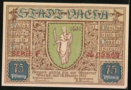 Notgeld Vacha 1921, 75 Pfennig, Rathaus, Wappen