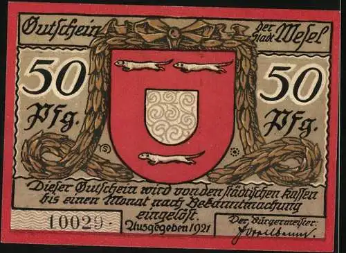 Notgeld Wesel 1921, 50 Pfennig, Kriegerdenkmal, Wappen