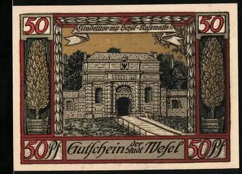 Notgeld Wesel 1921, 50 Pfennig, Citadelltor mit Schill-Kasematte