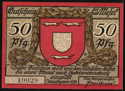 Notgeld Wesel 1921, 50 Pfennig, Citadelltor mit Schill-Kasematte