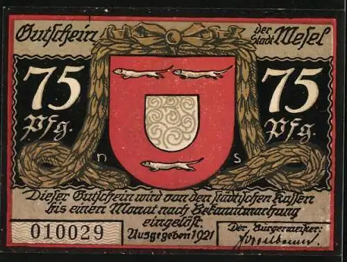 Notgeld Wesel 1921, 75 Pfennig, Erschiessung, Wappen