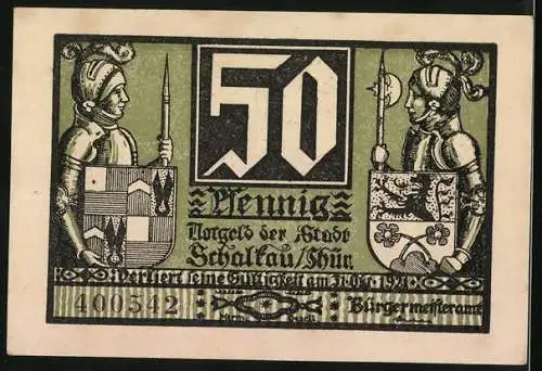 Notgeld Schalkau /Thür. 1921, 50 Pfennig, Burg, Wappen