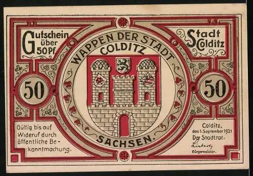 Notgeld Colditz 1921, 50 Pfennig, Hussiten, Wappen
