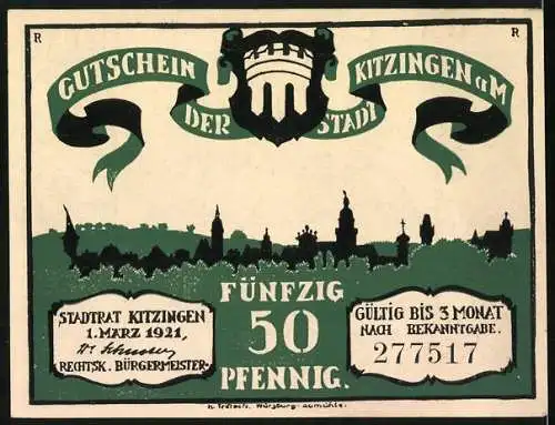 Notgeld Kitzingen a. M. 1921, 50 Pfennig, Hamsterpaar, Ortsansicht