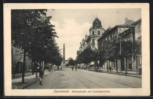 AK Darmstadt, Rheinstrasse mit Ludwigssäule im Hintergrund