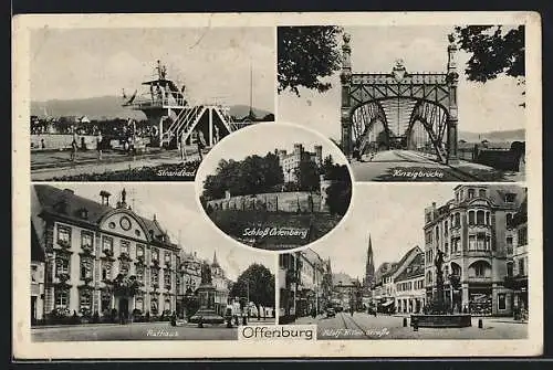 AK Offenburg, Schloss Ortenberg, Strandbad, Kinzigbrücke, Rathaus, Strasse