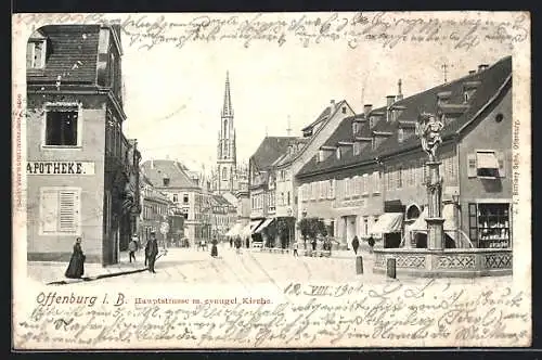 AK Offenburg i. B., Hauptstrasse m. Evangel. Kirche