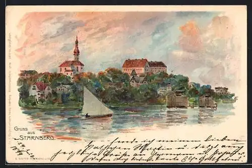 Lithographie Starnberg, Totale mit Kirche