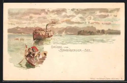 Lithographie Starnberg, Dampfer-Partie auf dem Starnberger See