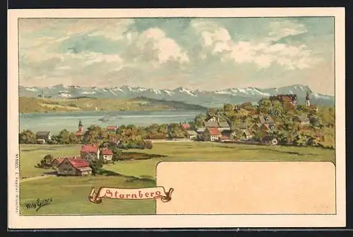Künstler-AK Starnberg, Panorama mit Blick über den Starnberger See
