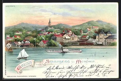 Lithographie Starnberg, Panorama vom Wasser aus, Mondschein