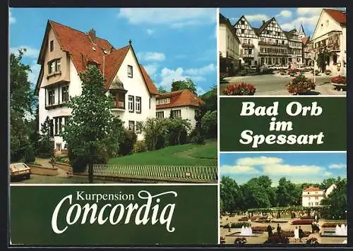 AK Bad Orb im Spessart, Kurpension Concordia, Strassenpartie mit Fachwerkhaus, Ortspartie