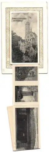 Leporello-AK Schloss Liechtenstein, Ansichten von Reutlingen, dem Rossbergturm, der Nebelhöhle und der Karlshöhle