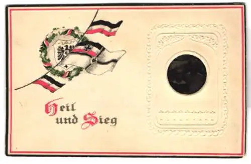 Foto-Collage-AK von zwei Mädchen, Relief-Passepartout und geprägte Reichskriegsflagge