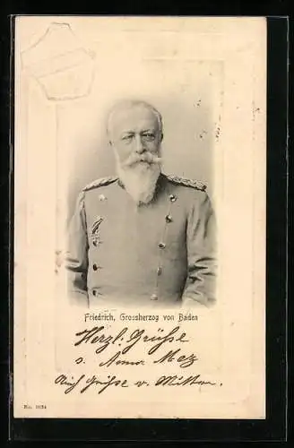 Präge-AK Grossherzog Friedrich von Baden in schlichter Uniform, Passepartout mit geprägtem Wappen