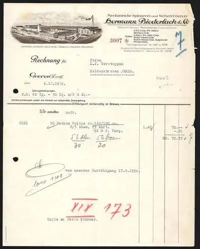 Rechnung Greven /Westf. 1934, Hermann Biederlack & Co., Mechanische Spinnerei und Weberei, Das Betriebsgelände