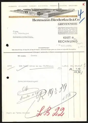 Rechnung Greven /Westf. 1939, Hermann Biederlack & Co., Mechanische Spinnerei und Weberei, Fabrik-Modellansicht