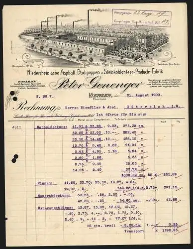 Rechnung Viersen 1909, Peter Genenger, Niederrheinische Asphalt-, Dachpappen- & Steinkohlenteer-Producte-Fabrik, Betrieb