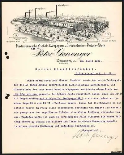 Rechnung Viersen 1909, Peter Genenger, Niederrheinische Asphalt-, Dachpappen- & Steinkohleteer-Producte-Fabrik, Das Werk