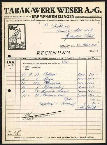 Rechnung Bremen-Hemelingen 1923, Tabak-Werk Weser AG, Fabrikmarke, grosse Hand mit Tabakblättern hinter dem Betrieb