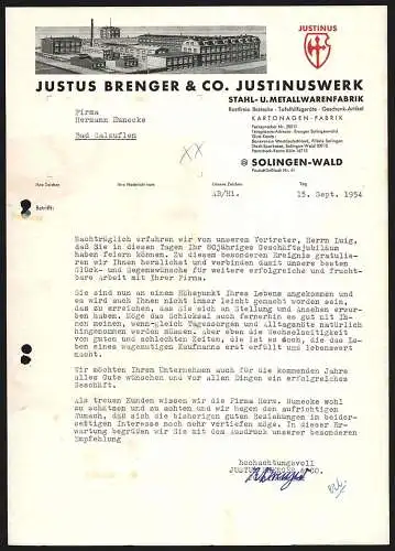 Rechnung Solingen-Wald 1954, Justus Brenger & Co., Justinuswerk, Stahl- & Metallwarenfabrik, Modellansicht des Werks
