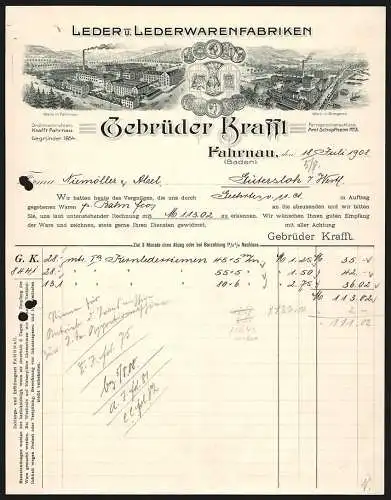 Rechnung Fahrnau 1908, Gebrüder Krafft, Leder- & Lederwarenfabriken, Werke in Fahrnau und Bregenz, Auszeichnungen