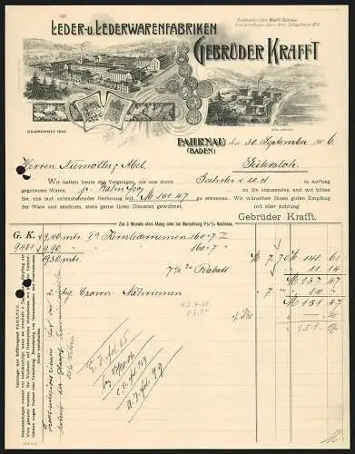 Rechnung Fahrnau 1906, Gebrüder Krafft, Leder- & Lederwarenfabriken, Werke in Fahrnau und Bregenz, Auszeichnungen