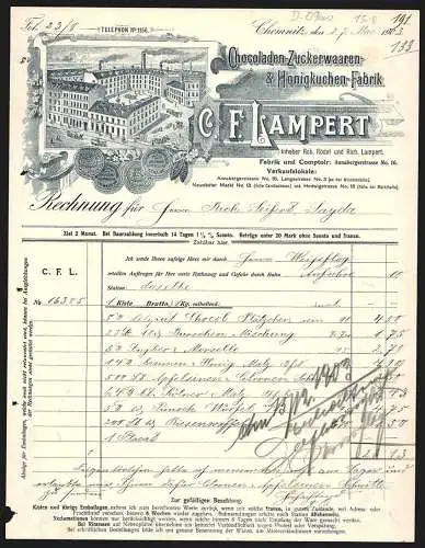 Rechnung Chemnitz 1903, C. F. Lampert, Chocoladen-, Zuckerwaaren- & Honigkuchen-Fabrik, Betrieb mit Innenhof, Preise