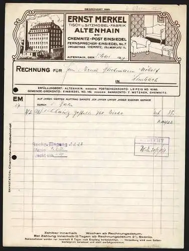 Rechnung Altenhain 1928, Ernst Merkel, Tisch- & Sitzmöbel-Fabrik, Geschäfts- und Produktansicht