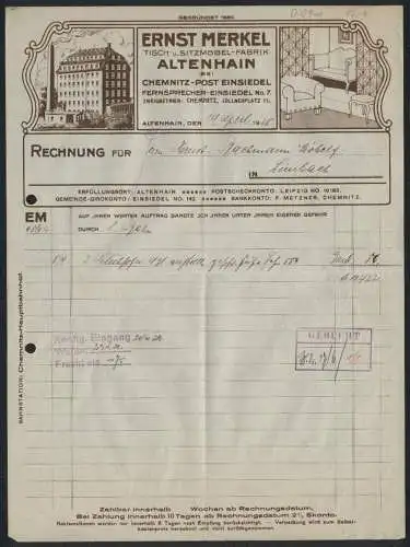 Rechnung Altenhain 1928, Ernst Merkel, Tisch- & Sitzmöbel-Fabrik, Betriebs- und Produktansicht