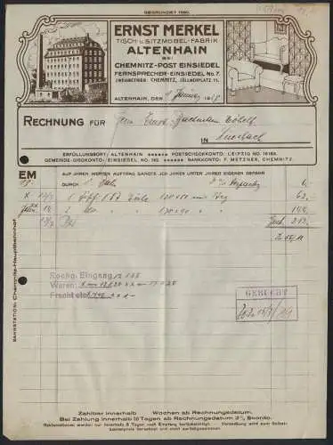 Rechnung Altenhain 1928, Ernst Merkel, Tisch- & Sitzmöbel-Fabrik, Fabrik- und Produktansicht