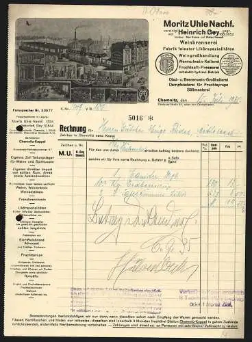 Rechnung Chemnitz 1935, Moritz Uhle Nachf., Weingrosshandlung und Likörfabrik, Betriebsansicht, Destillerie, Lagerkeller