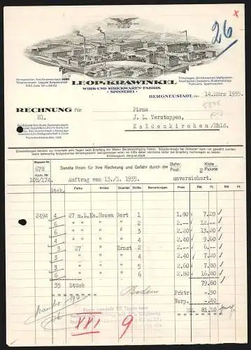 Rechnung Bergneustadt 1935, Leop. Krawinkel, Textil-Fabrikation, Ansicht von vier Betriebsstellen