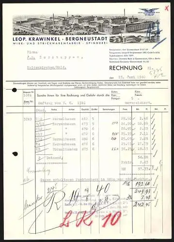 Rechnung Bergneustadt 1940, Leop. Krawinkel, Wirk- und Strickwarenfabrik, Blick auf vier verschiedene Betriebsstellen