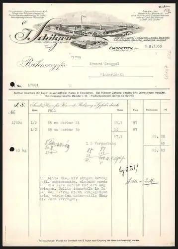 Rechnung Emsdetten 1939, J. Schilgen, Textil-Fabrikation, Blick auf Hauptwerk und Filialbetrieb