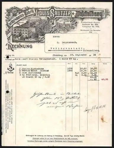 Rechnung Heidelberg 1916, Louis Sautter, Zuckerwaaren-Fabrik, Pferdebahn an der Geschäftsstelle, Preis-Medaille