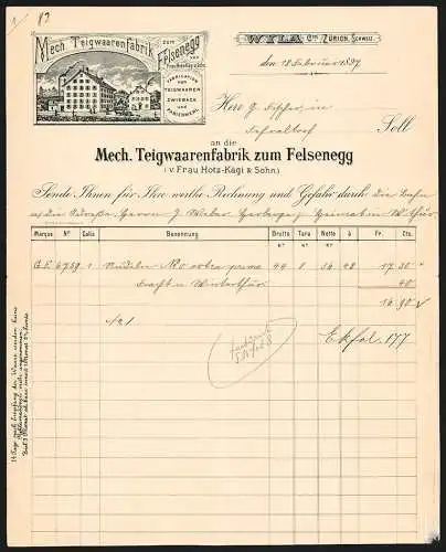 Rechnung Wyla 1897, Frau Hotz-Kägi & Sohn, Mech. Teigwaarenfabrik zum Felsenegg, Ansicht der Geschäftsstelle